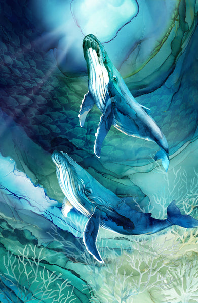 Northcott - Deep Blue - Whales - Panel - 28" x 43" - DP28120-48 (per panel)